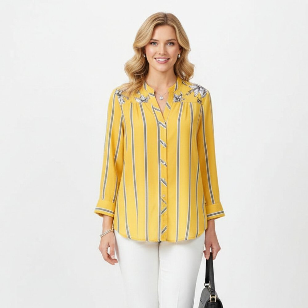 Fig & Flower Yellow Stripe Floral‎ Convertible Button Sleeve Boho Peasant Top M